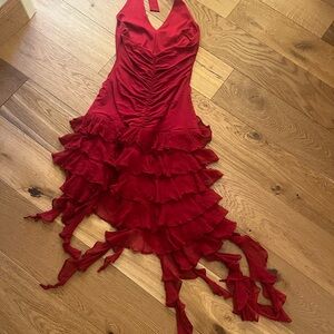 Red Ruffled Ruched Asymmetrical BCBG Max Azria halter dress Y2K Flamenco Salsa